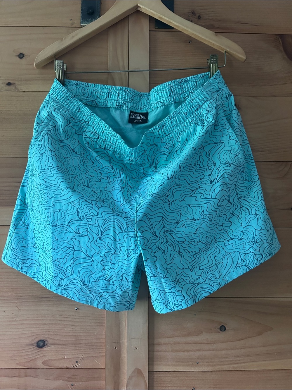 Eddie Bauer Aqua Teal Abstract-Print Unlined Swim Board Casual Shorts Medium